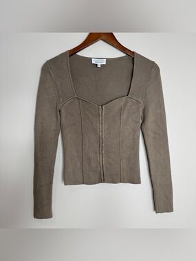 & Other Stories Taupe Ribbed Hook & Eye Corset Long Sleeve Square Neck Top Small